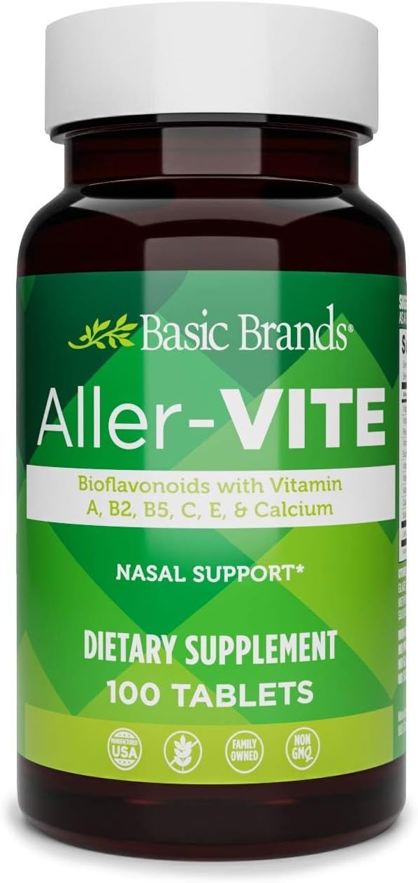 Basic Brands Aller Vite Nasal Support Tablets, 100 Tablets | Seasonal Allergy Relief, High Bioflavonoid Complex with Vitamins and Calcium, Gluten Free, Daily Supplement
