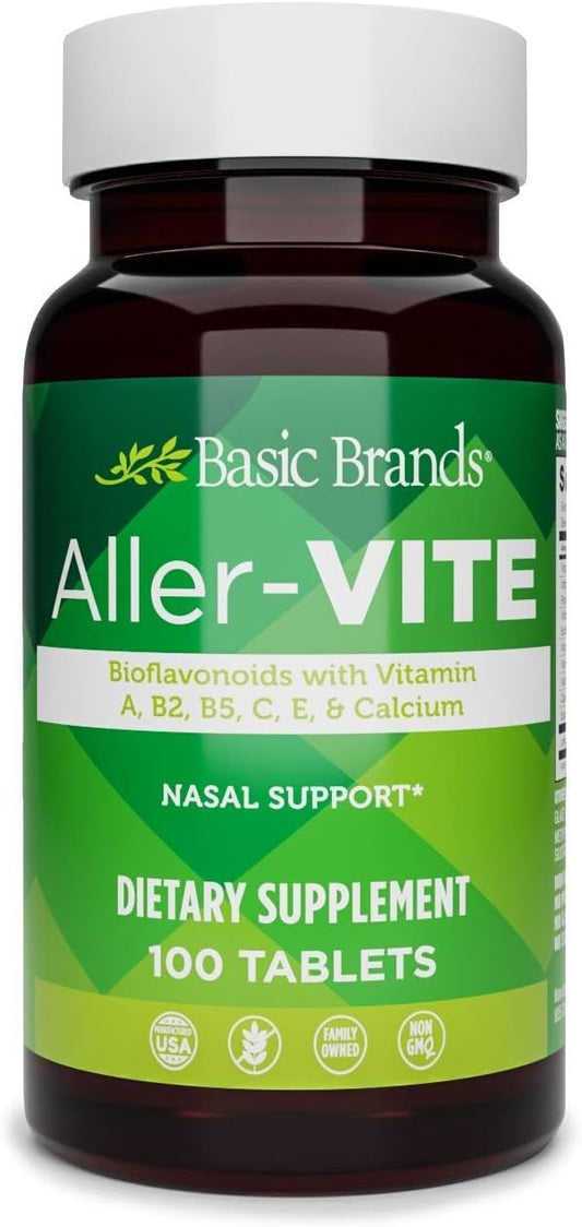 Basic Brands Aller Vite Nasal Support Tablets, 100 Tablets | Seasonal Allergy Relief, High Bioflavonoid Complex with Vitamins and Calcium, Gluten Free, Daily Supplement