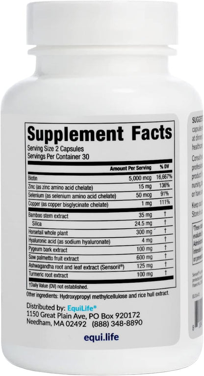Equilife Daily Hair Support Supplement, Blend with Biotin, 60 Capsules | Ashwagandha, Zinc & Saw Palmetto | Helps Enhance Thickness & Strength | Supports Hair Growth & Repair | Gluten Free | Non-GMO