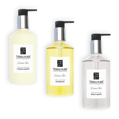 Terra Pure 1-Shoppe 30 Piece Ecobox All-In-Kit | Green Tea Soap | 12 Shampoo, 6 Conditioner