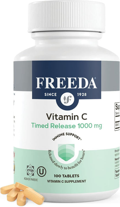 FREEDA Timed Release Vitamin C 1000mg – Slow-Release for All-Day Immune & Antioxidant Support, Gentle on Stomach, Kosher & Vegan, High-Absorption Tablets (100 Tablets) | Supports All-Day Immune & Antioxidant Defense – Promotes Collagen & Cell Health – Gen
