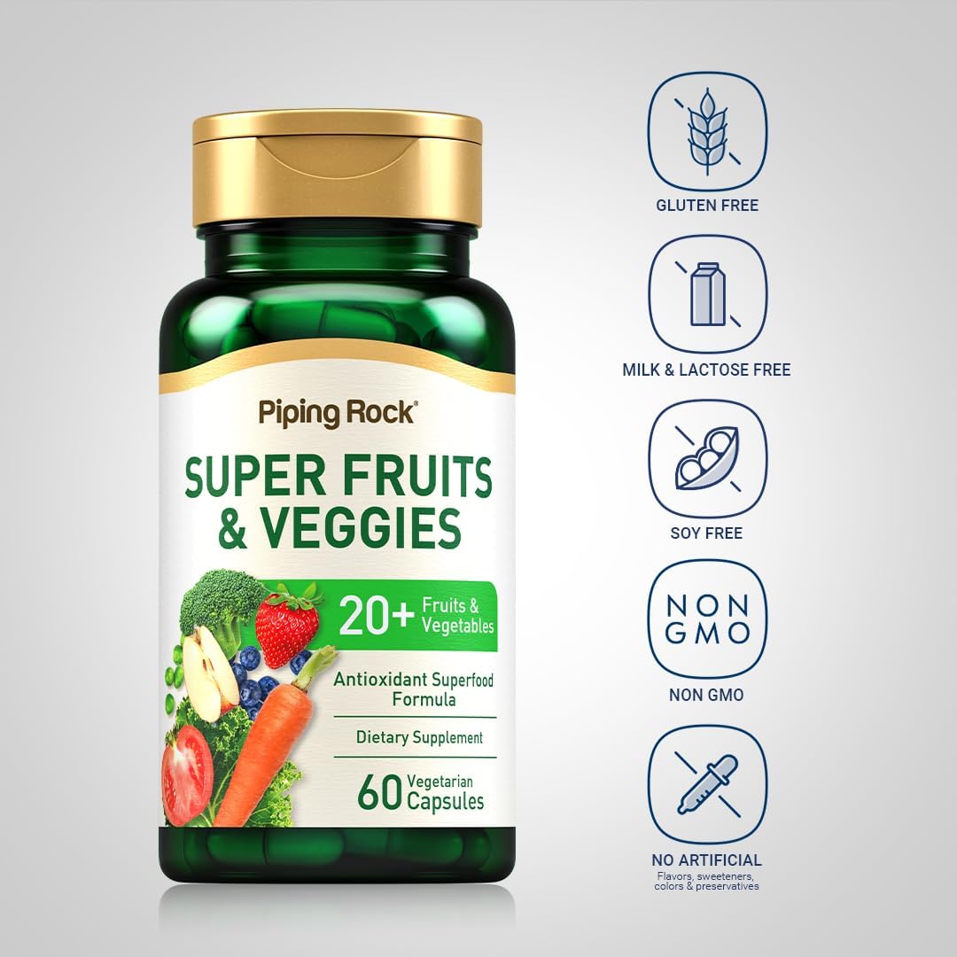 Piping Rock Fruits and Veggies Supplement | 60 Capsules | Superfood Vitamins | with Antioxidant Formula and Prebiotic Blend | Vegan, Non-GMO, Gluten Free