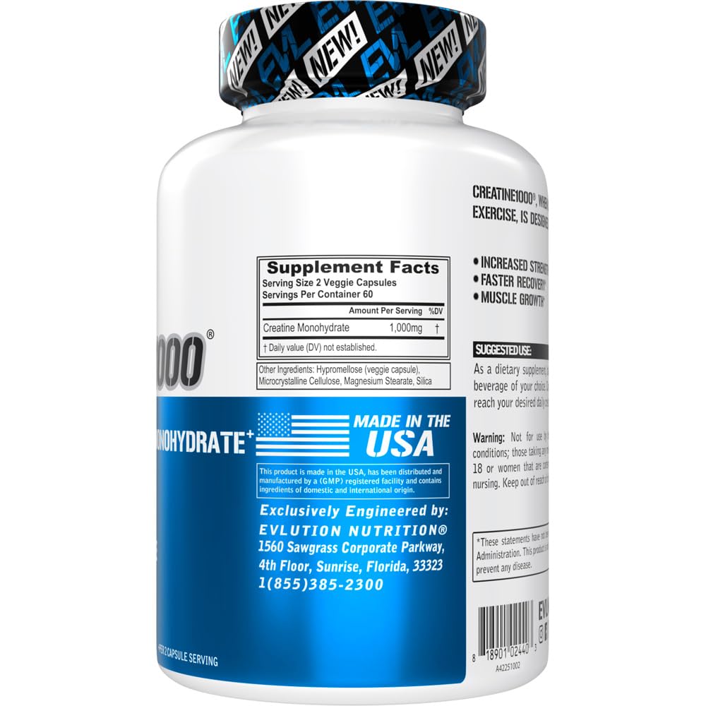Evlution Nutrition Creatine Monohydrate Capsules - Pre and Post Workout Recovery Creatine Pills Men & Women's Muscle Gains Strength and Recovery - Vegan & Gluten Free, 500mg Per Capsule (60 Servings)