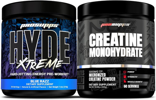 PROSUPPS Hyde Xtreme Hard-Hitting Energy Pre-Workout, Blue Razz, and Creatine 300 Bundle