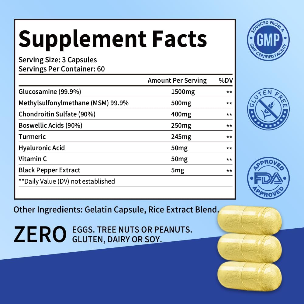 Glucosamine Chondroitin MSM, Turmeric & Boswellia, 180 Count | Joint & Cartilage Support, Daily Joint Care, Non-GMO, Gluten Free, Easy-to-Swallow Capsules, Clean Formula, 60-Day Supply