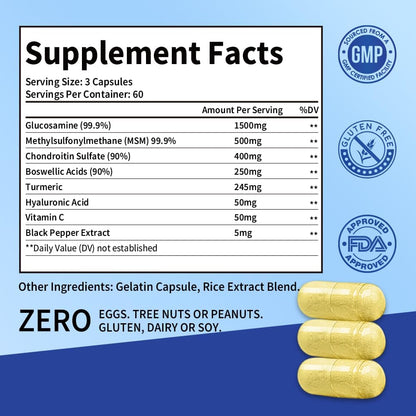 Glucosamine Chondroitin MSM, Turmeric & Boswellia, 180 Count | Joint & Cartilage Support, Daily Joint Care, Non-GMO, Gluten Free, Easy-to-Swallow Capsules, Clean Formula, 60-Day Supply