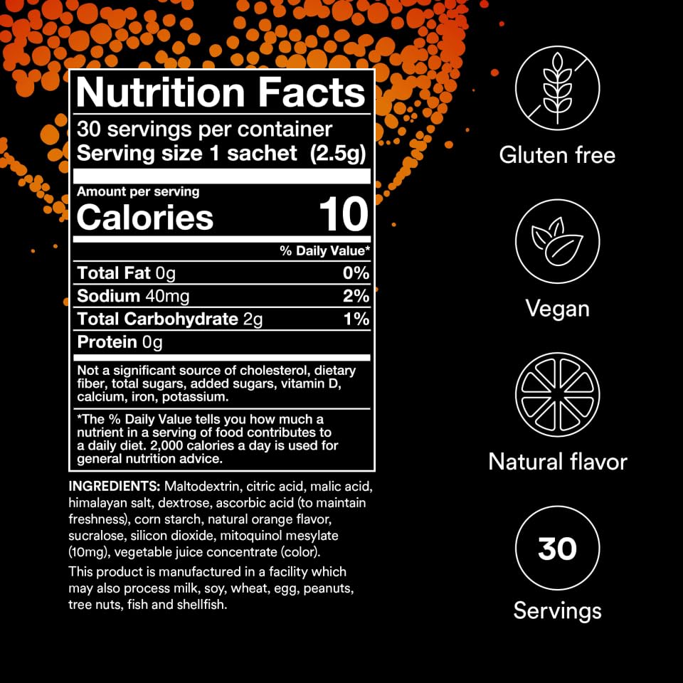 MitoQ Longevity Cellular Water Daily Powdered Drink Mix Natural Orange Flavor - Mitochondria-targeted Antioxidant - Cell Energy and Metabolism for Better Aging (Orange, 30 Packets)