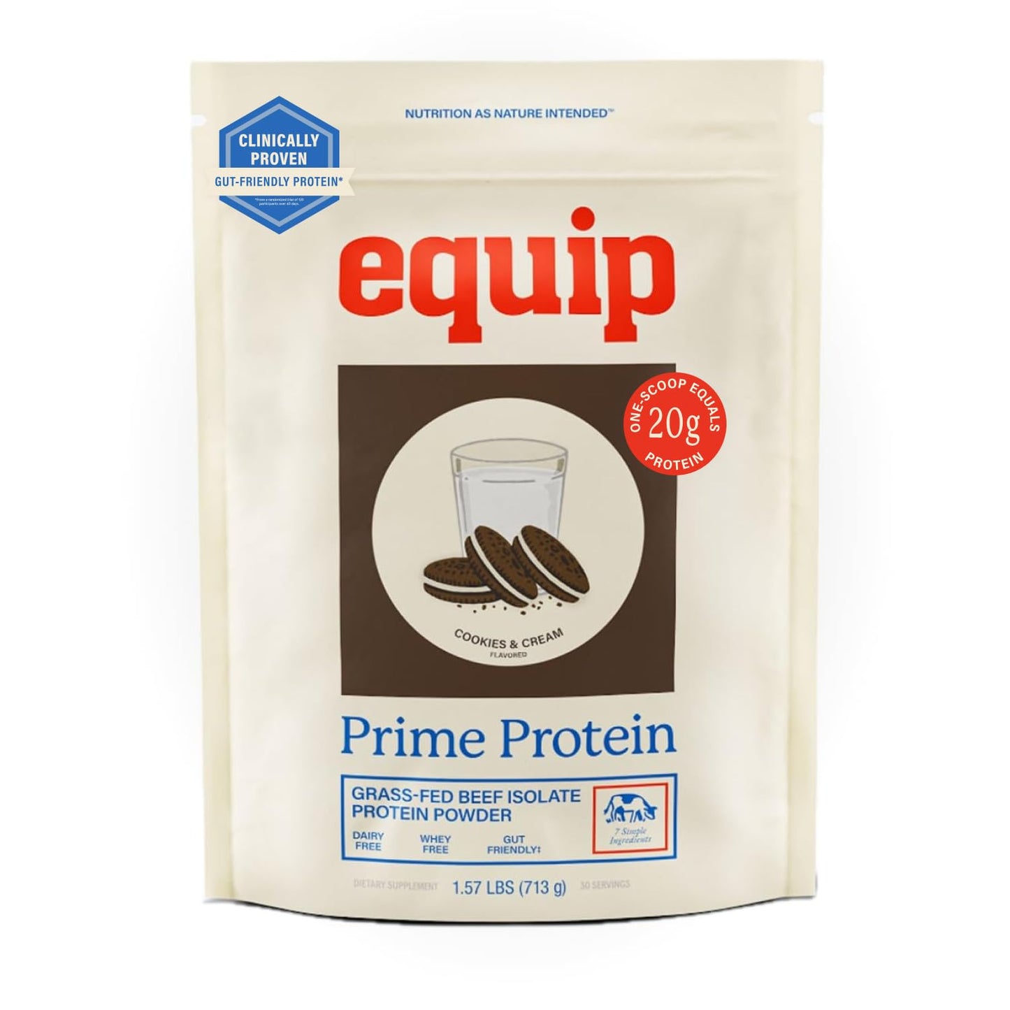 Equip Prime Chocolate Protein Powder - Gut-Friendly, No Sugar Protein Shake Powder with Grass-Fed Beef & Natural Collagen - Rich & Creamy Mix - 21g Per Serving - Whey & Dairy-Free (30 Scoops)