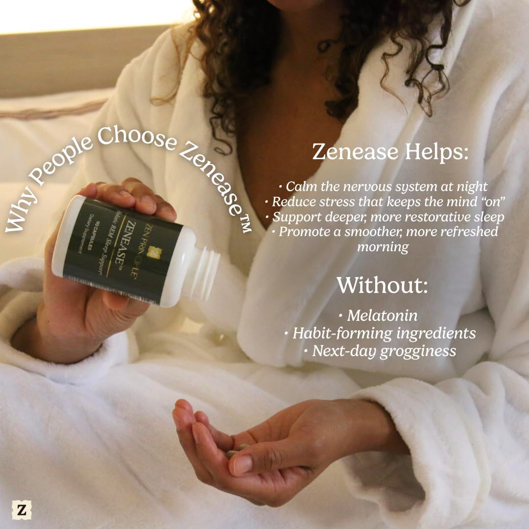 Zen Principle Zenease Sleep Support with Magnesium Glycinate, Ashwagandha KSM-66®, Saffron, L-Theanine & GABA – No Melatonin, Natural Stress Relief & Sleep Aid. 90 Capsules