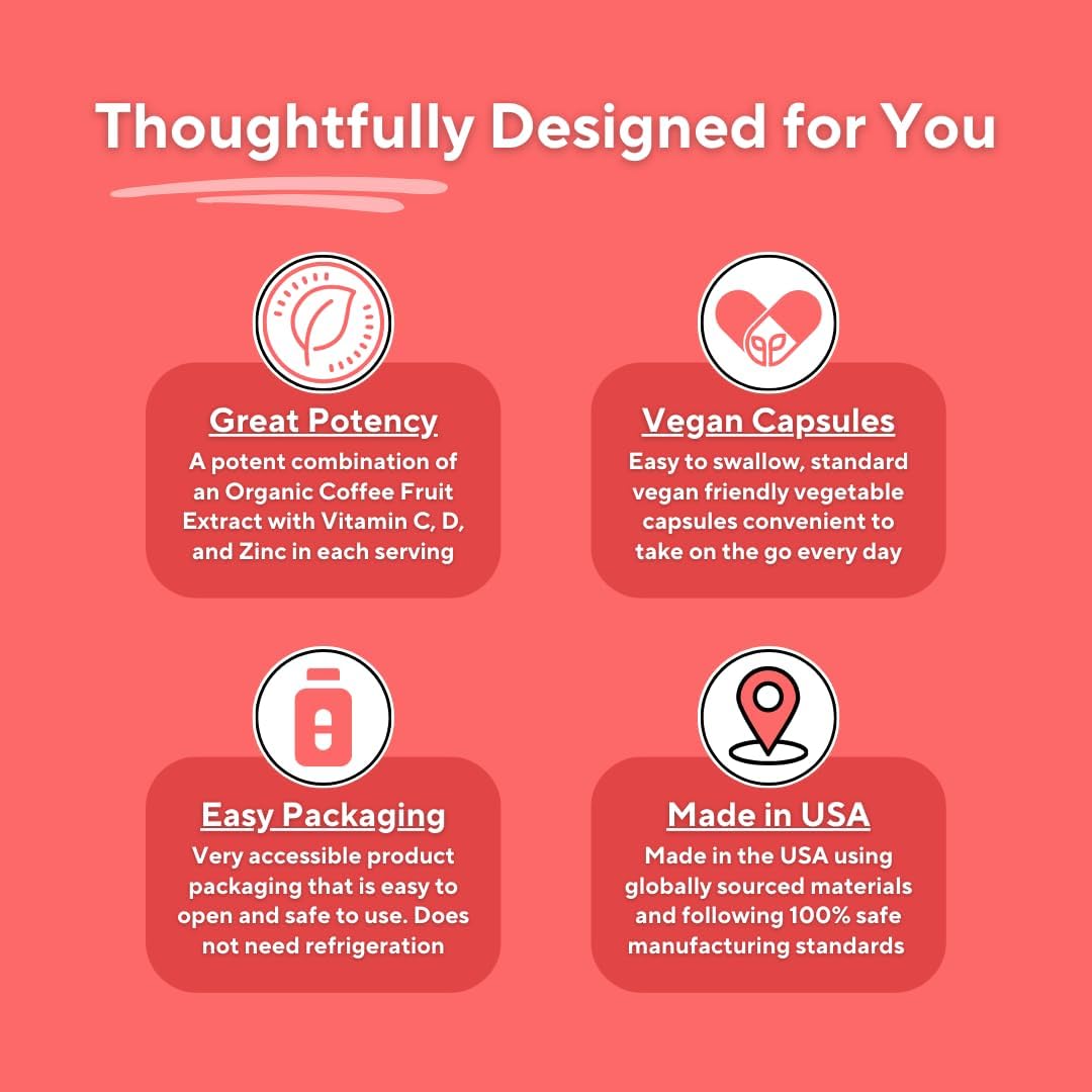 Vitacoffee Caffeine Pills - Coffee Fruit, Vitamin C, Vitamin D, Zinc Gluconate - Energy, Memory, Focus, Antioxidant, Skin Support - 60 Veggie Capsules - Non-GMO, Gluten-Free, Vegan Supplement