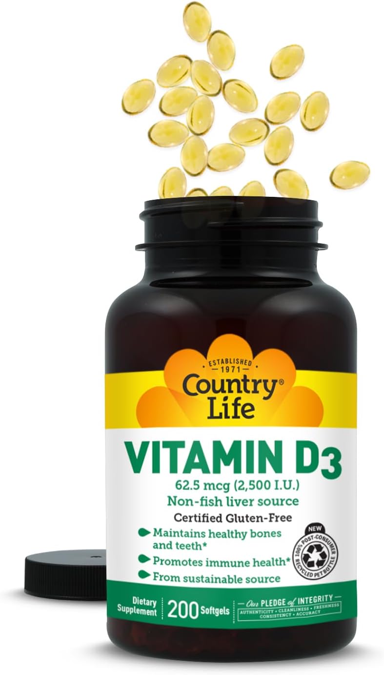 Country Life Vitamin D3 2500 IU – Non-Fish Derived, High Potency Vitamin D3 for Bone Strength, Immune Support & Calcium Absorption – Certified Gluten-Free, 200 Softgels