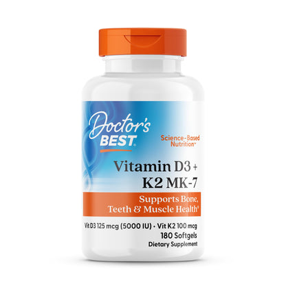 Doctor's Best Vitamin D3 and K2 Supplement for Men & Women - Vitamin D3 5000 IU + K2 as MK-7, Bone Health Support, Gluten Free, Non GMO, Vegetarian Capsules - 60 Veg Caps