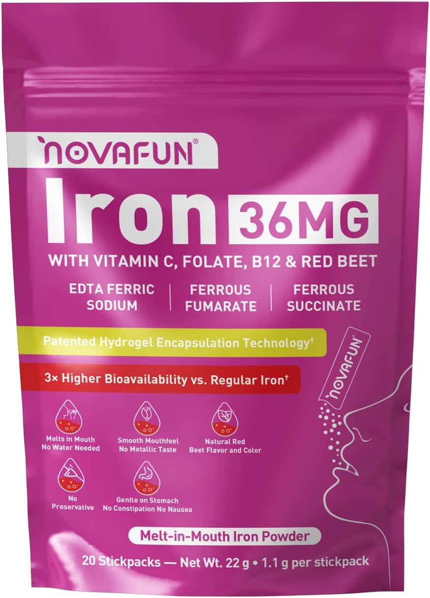 36mg Iron Powder Supplement, High Absorption with Patented Hydrogel Tech, Melt-in-Mouth Stick Packs with VIT C, Folate & B12 – Gentle, No Metallic Taste, Red Beet Flavor, 20 Count