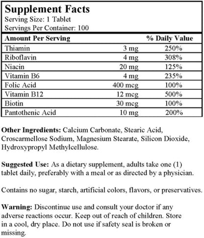 Super Vitamin B Complex, B12, B6 & Folic Acid, 100 Tabs