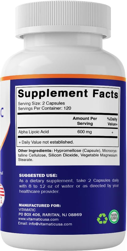 Vitamatic Alpha Lipoic Acid 600 mg Per Serving, 240 Veg Capsules | Support Antioxidant Activity*, Cellular Energy and Glucose Metabolism*, Non-GMO, Gluten Free, Made in USA