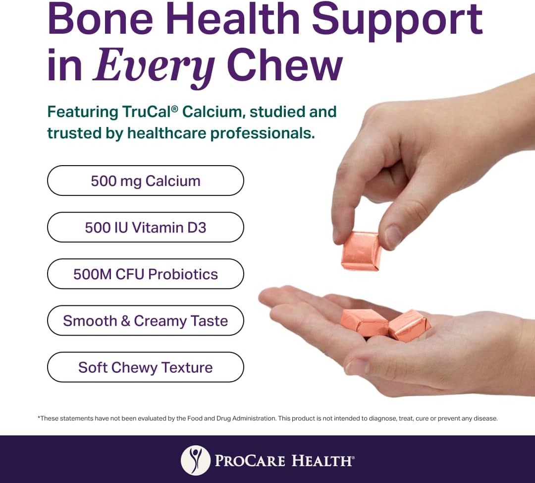 ProCare Health TruCal Calcium Soft Chews – Peaches & Cream Flavor | 500mg Calcium, 500 IU Vitamin D3, 500 Million CFU Probiotics | Bone & Digestive Support | 30 Count