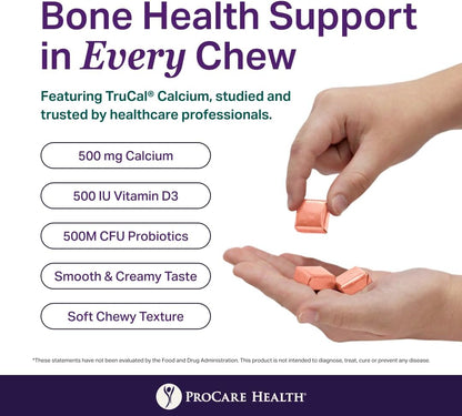 ProCare Health TruCal Calcium Soft Chews – Peaches & Cream Flavor | 500mg Calcium, 500 IU Vitamin D3, 500 Million CFU Probiotics | Bone & Digestive Support | 30 Count