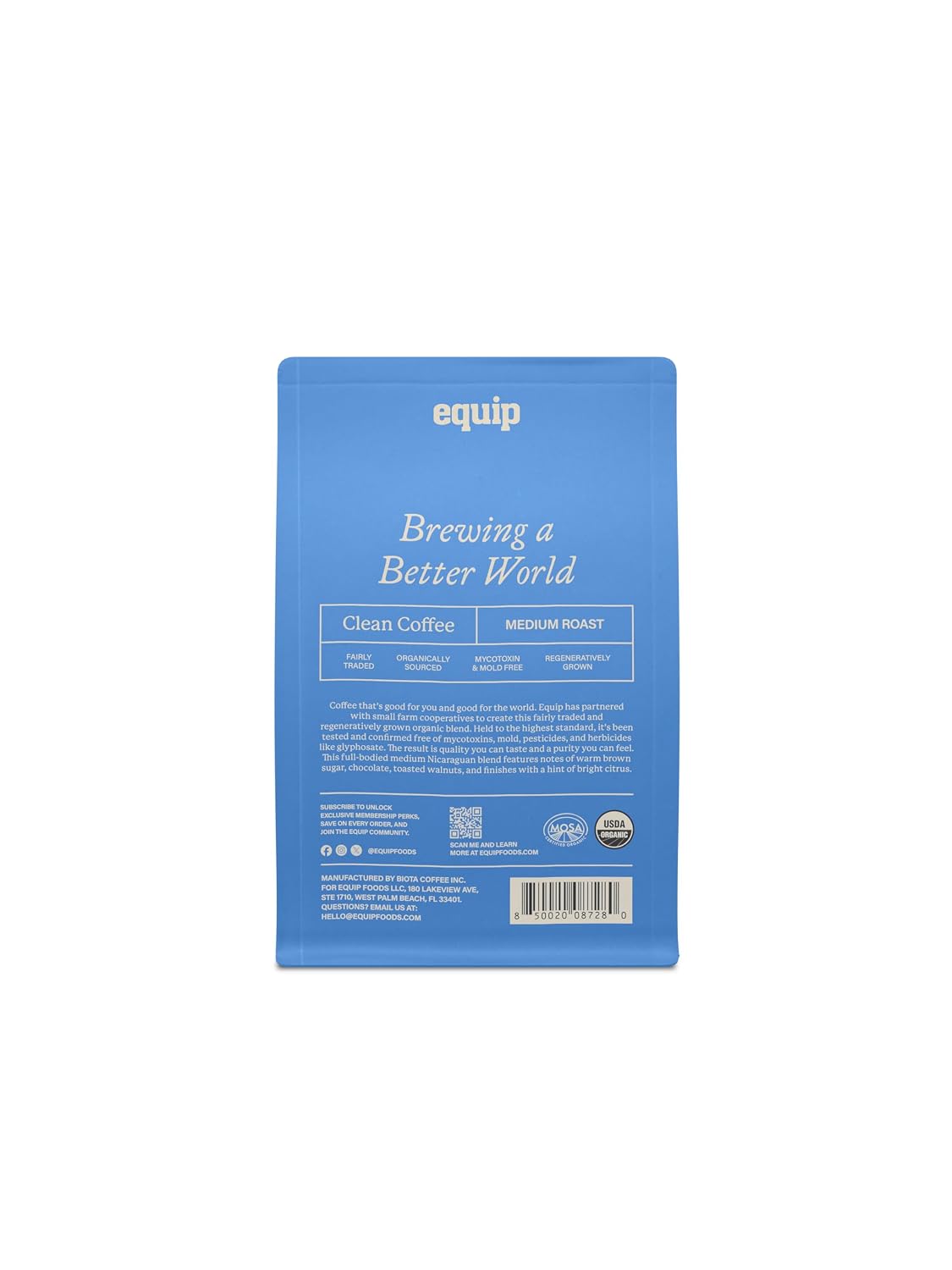 Equip Foods Clean Coffee | Gold Standard, Certified Organic, Fair Trade, Regenerative | Medium Roast, Whole Bean, Nicaragua | Brown Sugar+Chocolate+Citrus