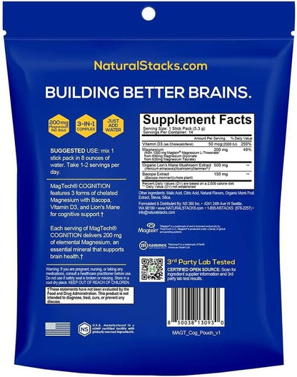 MagTech Magnesium Cognition Powder with Lions Mane and Bacopa, 14 Servings | Magtein L-Threonate, Glycinate and Taurate blend supports focus, mental clarity and brain health. Mix into water daily.