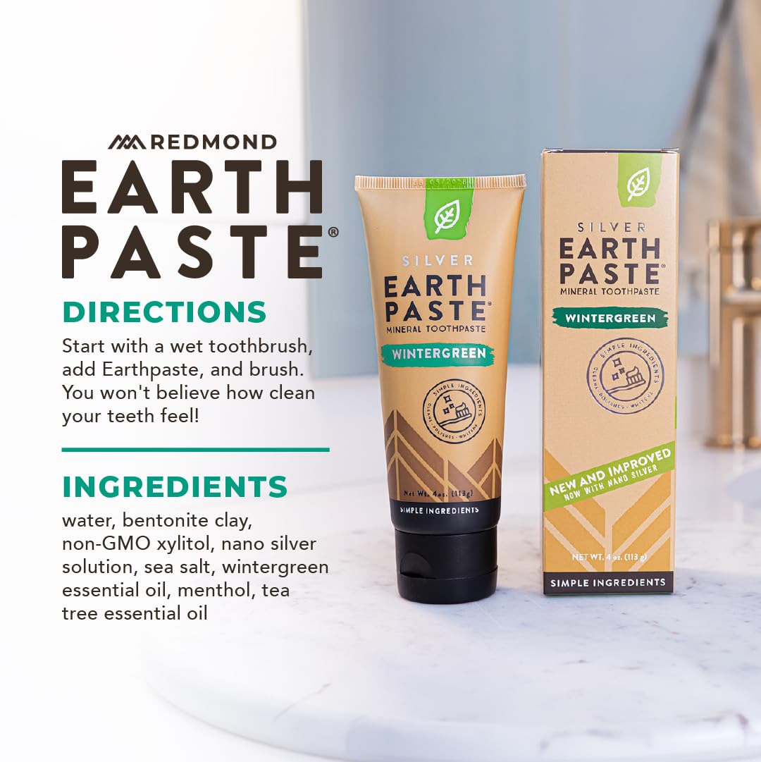Redmond Earthpaste with Silver - Natural Non-Fluoride Toothpaste, 4 Ounce Tube (Peppermint)