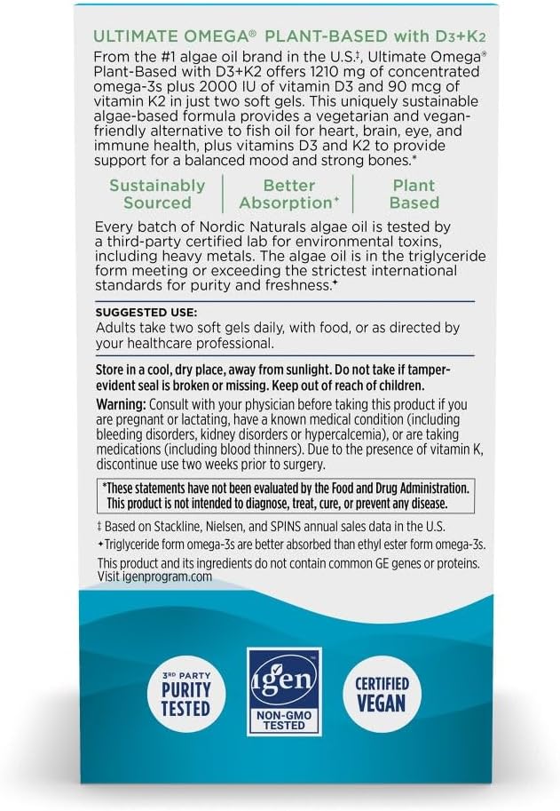 Nordic Naturals Plant-Based Omega-3 D3+K2, 1210mg, Vegan Softgels - 60 Count
