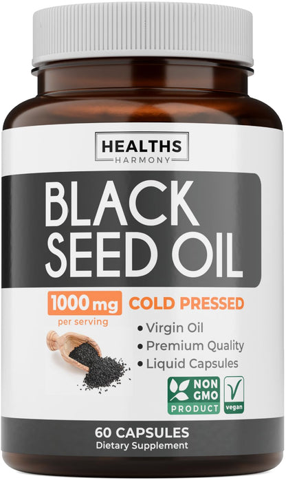 Black Seed Oil - 120 Softgel Capsules Skin Health (Non-GMO & Vegan) Cold-Pressed Nigella Sativa Producing Pure Black Cumin Seed Oil with Vitamin E - 500mg Each, 1000mg Per 2 Capsule Serving