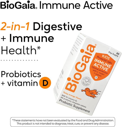 BioGaia Immune Active Kids Probiotic + Vitamin D | Immune & Digestive | Pediatrician-Recommended | Supports Immune Health | Promotes Digestive Health & Regularity | with Vitamin D | 60 Day Supply