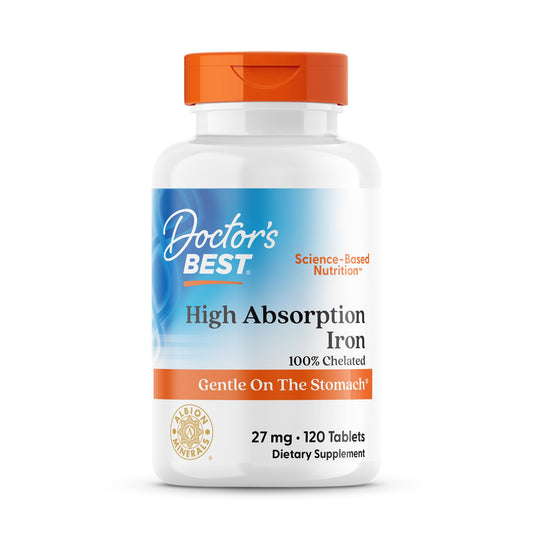 Doctor's Best High Absorption Iron Tablet with Ferrochel, Gentle on The Stomach, Immune Health, Blood Health, 27 mg