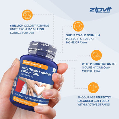 Probiotic 6 Billion Multi-Strain Live Bio Cultures Complex with Prebiotic, 60 Vegetarian