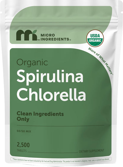 Micro Ingredients Organic Spirulina Chlorella Mini Tablets, 2,500 Tablets (8 Month Supply) | 50/50 Algae Blend | No Fillers, Non-GMO