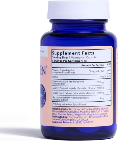 TRU NIAGEN Beauty NAD+ for Hair, Skin & Nails | Contains Niagen®, Astaxanthin, Hyaluronic Acid, Biotin | Daily Supplements for Men & Women | 30 Servings
