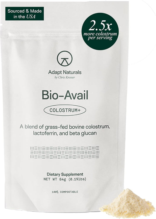 Adapt Naturals Colostrum Supplement (2500mg) with Lactoferrin & Beta-Glucan | Bio-Avail Grass Fed Bovine Colostrum Powder for Gut Health, Immune Support & Vitality, Non-GMO, Unflavored - 30 Day Supply