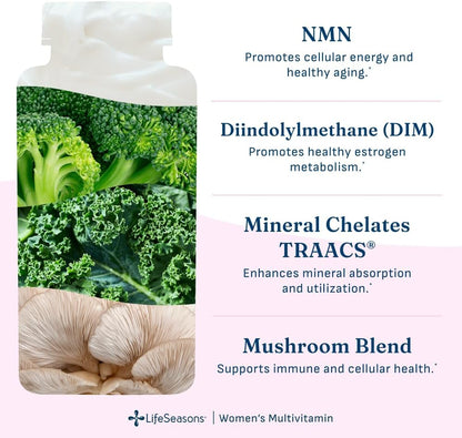 LifeSeasons Women's Multivitamin – High Potency with 21 Vitamins & Minerals, PureWay-C®, NAD+, Active B-Vitamins, TRAACS® Chelates, enXtra® for Energy, Probiotics & Mushrooms – 120 Veg Capsules