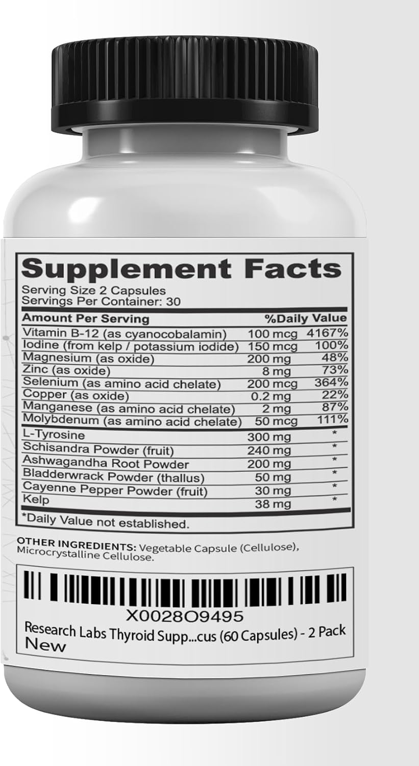 Research Labs Thyroid Support + Iodine Supplement - Energy, Metabolism, Focus (120 Total Capsules) - 2 Pack. Supports Proper Hormone Levels for Overall Well-Being. Made in USA.