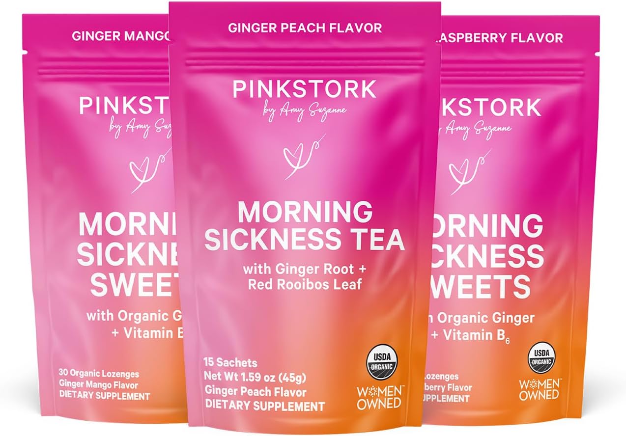 Pink Stork Morning Sickness Support Kit – 3-Piece Bundle with Organic Ginger Peach Tea, B6 Sweets, Ginger Lozenges – Pregnancy Support, First Trimester Essentials, Gift for Pregnant Women