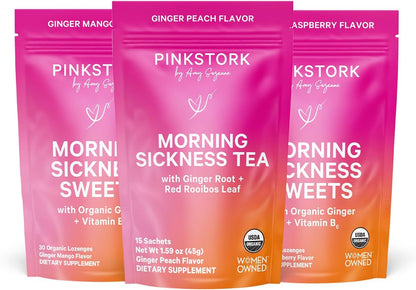 Pink Stork Morning Sickness Support Kit – 3-Piece Bundle with Organic Ginger Peach Tea, B6 Sweets, Ginger Lozenges – Pregnancy Support, First Trimester Essentials, Gift for Pregnant Women