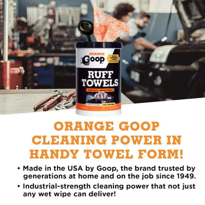 GOOP Orange Heavy Duty Ruff Towels with Scrubbing Power, 10” x 12” Dual Textured Multi-Purpose Cleaning Wipes, Removes Dirt, Grease, Oil, 72 Count