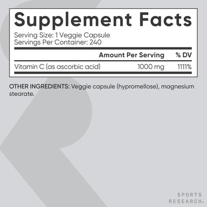 Sports Research High Potency Vitamin C Supplement - Vegan Veggie Capsules for Antioxidant Activity & Immune Support - Non-GMO Verified & Gluten Free - Ascorbic Acid Vitamin C 1000mg, 240 Count