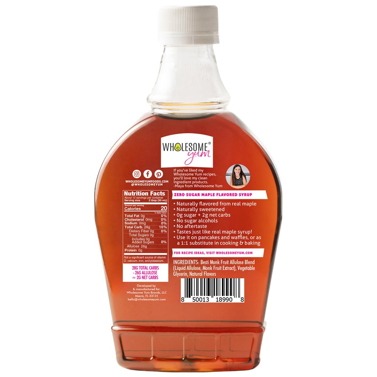 Wholesome Yum Zero Sugar Maple Syrup, Monk Fruit Allulose Keto Maple Syrup | Natural Sugar Free Pancake Syrup. Low Carb, Gluten-Free, Vegan, Non GMO, No Erythritol, No Aftertaste (12 fl oz Glass Bottle)