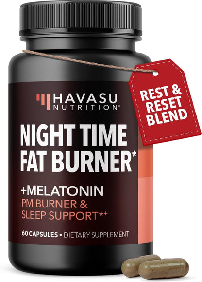 Night Time Fat Burner for Weight Loss Support for Men and Women, 60 Count | Appetite Suppressant and Overnight Metabolism Booster with Melatonin for Sleep Support, Vegan, Gluten Free, 60 Servings
