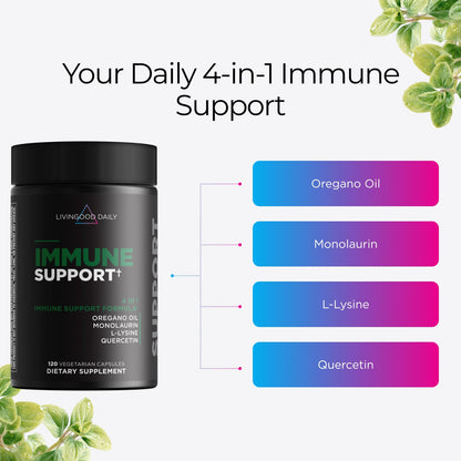 Livingood Daily Immune Support Supplement, 4-in-1 Formula with Oregano Oil, Monolaurin, L Lysine & Quercetin, Gut & Digestive Health, Gluten Free, Vegan, Non GMO, Allergen Free, 120 Capsules