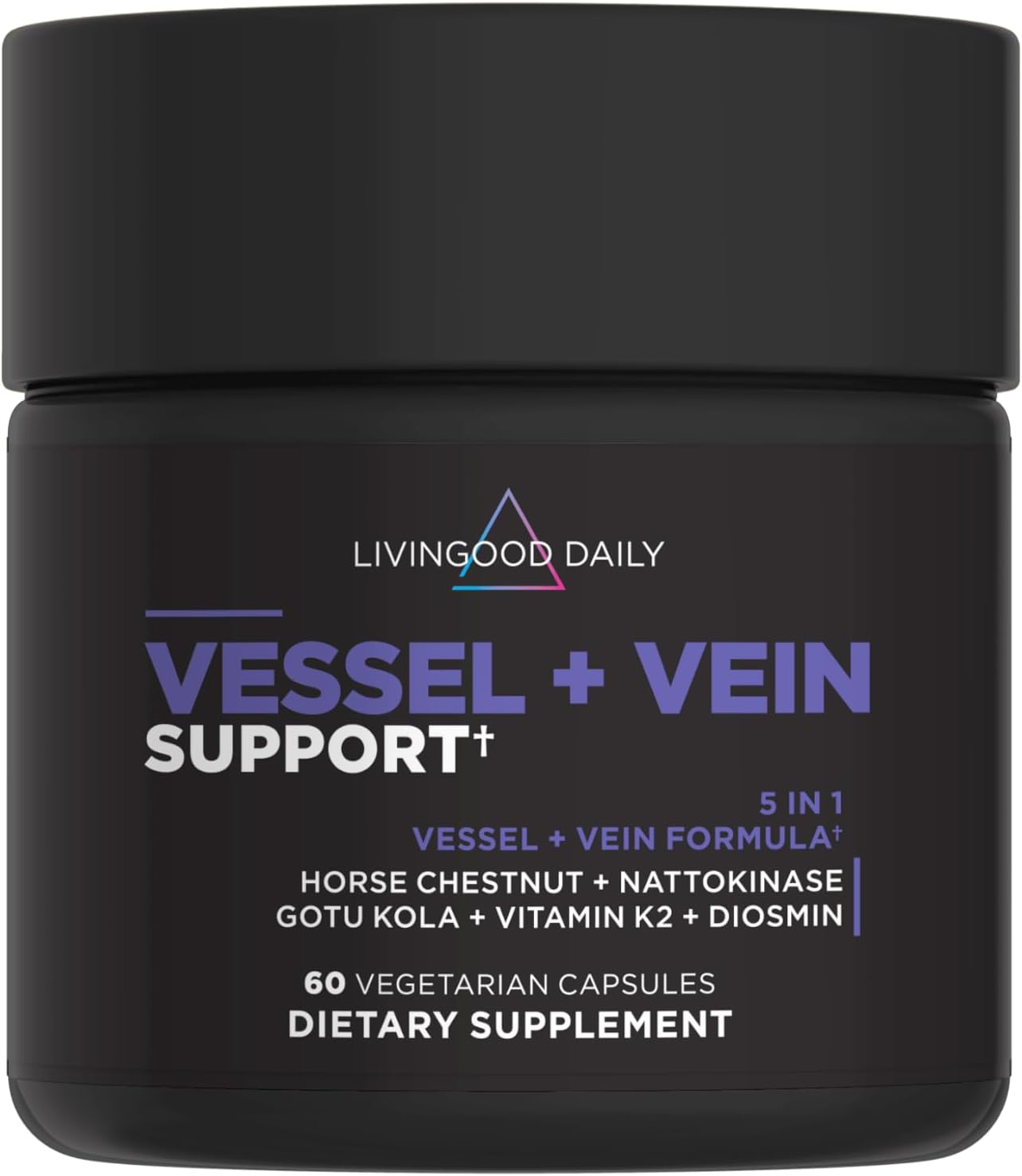 Livingood Daily Vessel & Vein Support, Circulation & Vein Support Supplement with Diosmin, Horse Chestnut, Nattokinase, Gotu Kola & Vitamin K2, Vascular & Vein Health Formula, Gluten Free, 60 Capsules
