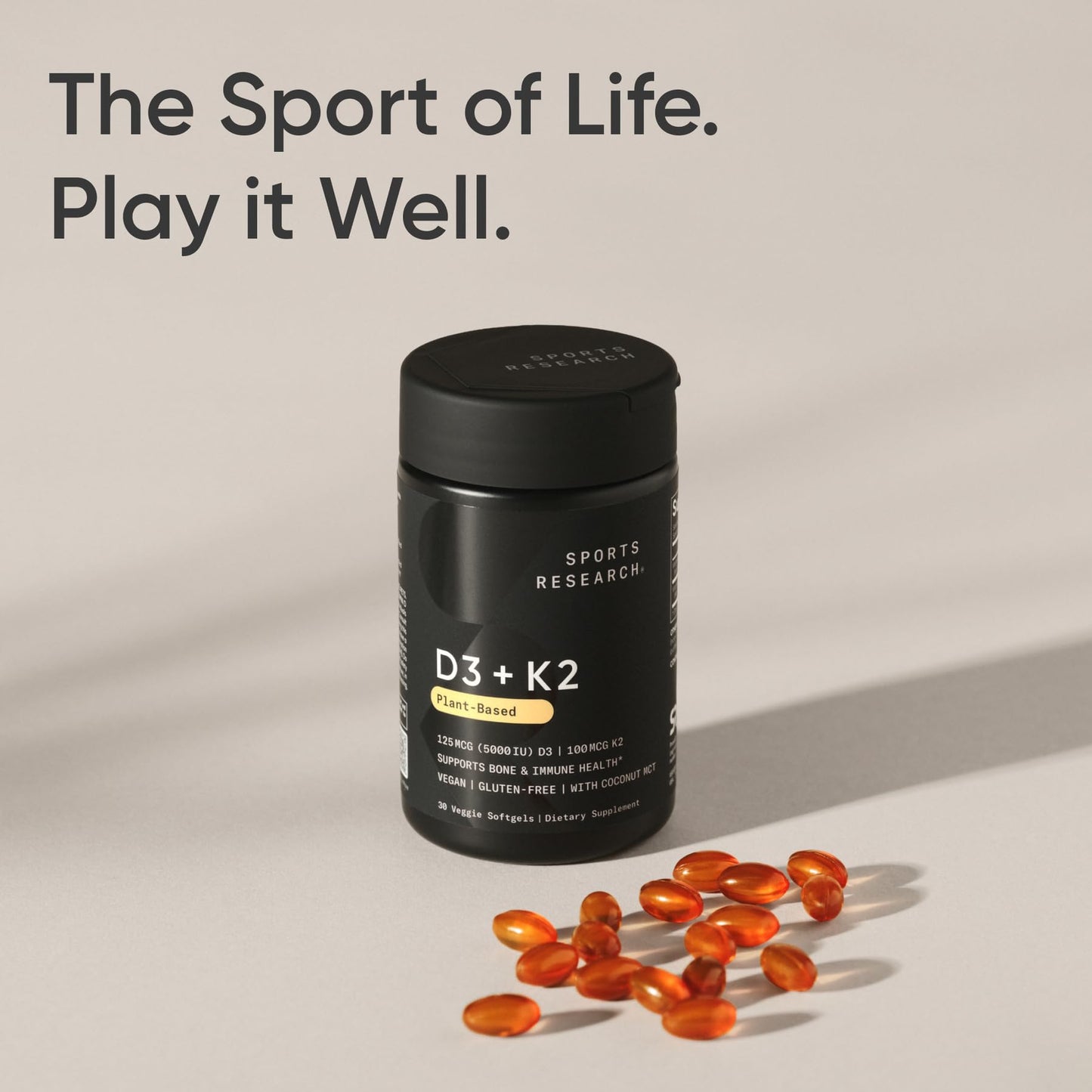 Sports Research® Vitamin D3 + K2 w/ Coconut Oil - Vegan Vitamin D 5000iu & Mk7 Vitamin K 100mcg for Bone & Immune Support - Vegan Certified · Non-GMO · Soy Free - 60 Softgels