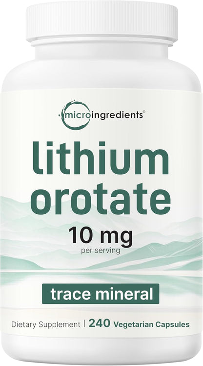 Lithium Orotate 10mg, 240 Veggie Capsules | 5mg Per Capsules | High Bioavailability Trace Mineral | Healthy Aging, Brain Supplement, & Mood Support | Non-GMO, Gluten Free