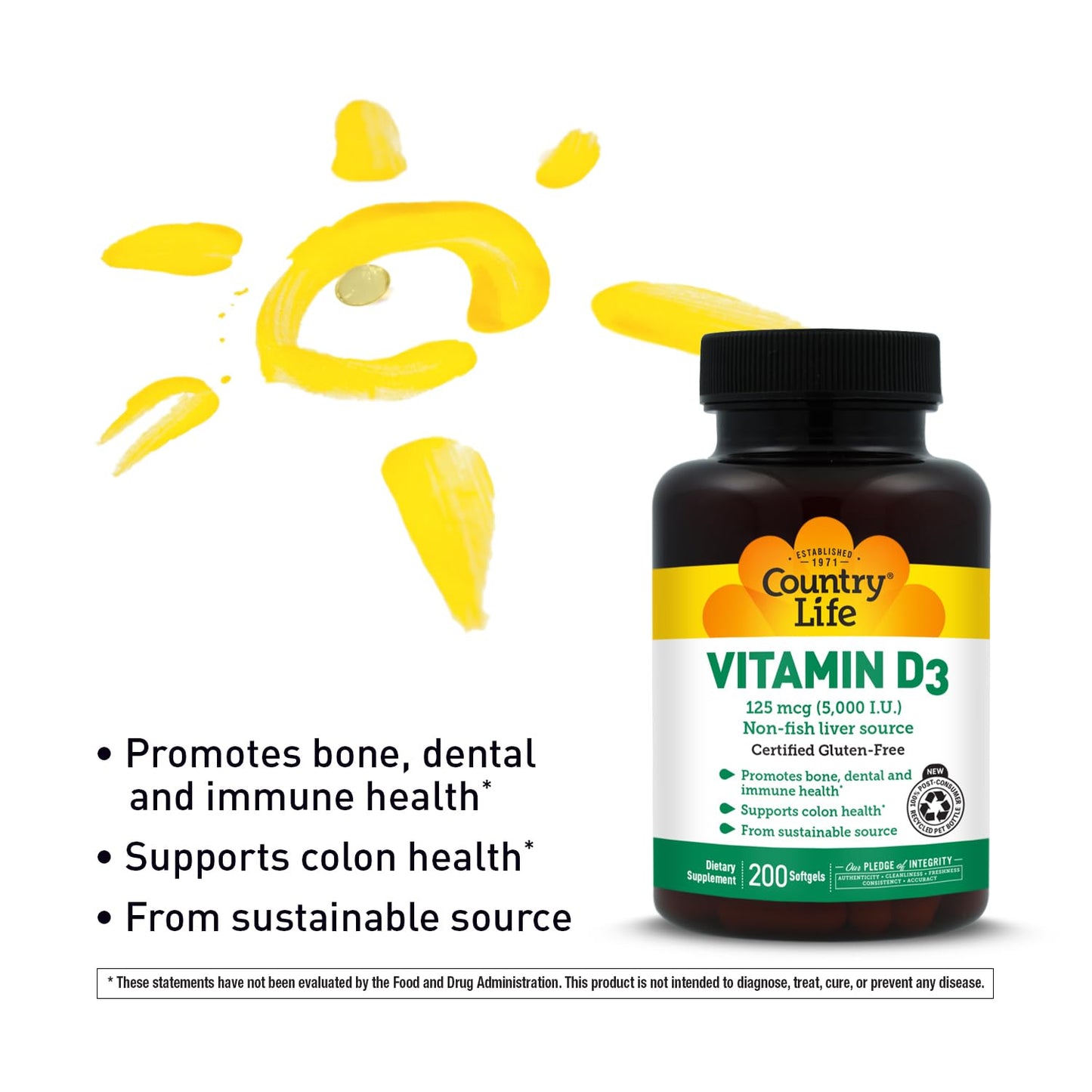 Country Life Vitamin D3 5000 IU for Immune and Bone Health, Calcium Absorption, and Colon Health - Sustainable Source from Lanolin, Available in Various Strengths