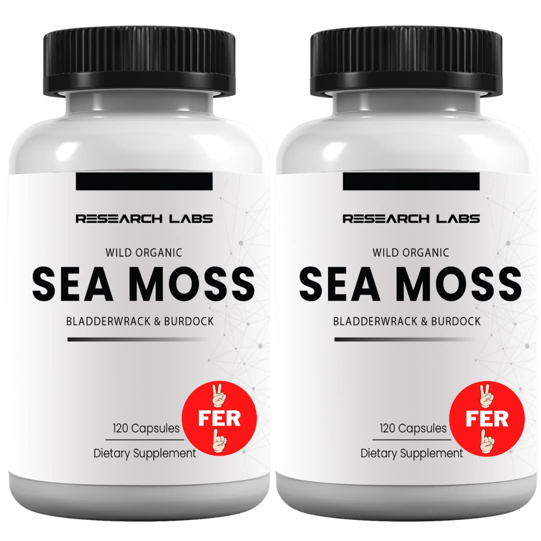 Research Labs 2 Fer 1 Ad Organic Irish Sea Moss Capsules 240 Total Pills, Raw Wildcrafted Seamoss Enhanced w/Bladderwrack & Burdock Root Antioxidant Powerhouse. Thyroid Support