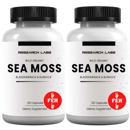 Research Labs 2 Fer 1 Ad Organic Irish Sea Moss Capsules 240 Total Pills, Raw Wildcrafted Seamoss Enhanced w/Bladderwrack & Burdock Root Antioxidant Powerhouse. Thyroid Support