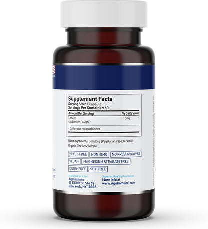 Lithium Orotate 10mg per Capsule - 60 Vegetarian Capsules. Memory and Emotional Wellness Support - Magnesium Stearate Free - 2 Months Supply of Lithium Supplement.