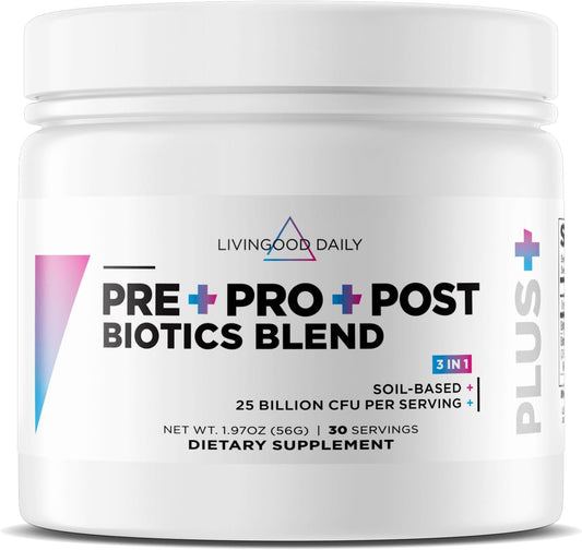 Livingood Daily Pre Pro Post Biotics Blend Powder, Digestive Health Supplement with Prebiotics from Organic Blue Agave Inulin, SBO Probiotics, Probiotics for Women & Men, Non GMO, Vegan, 30 Servings