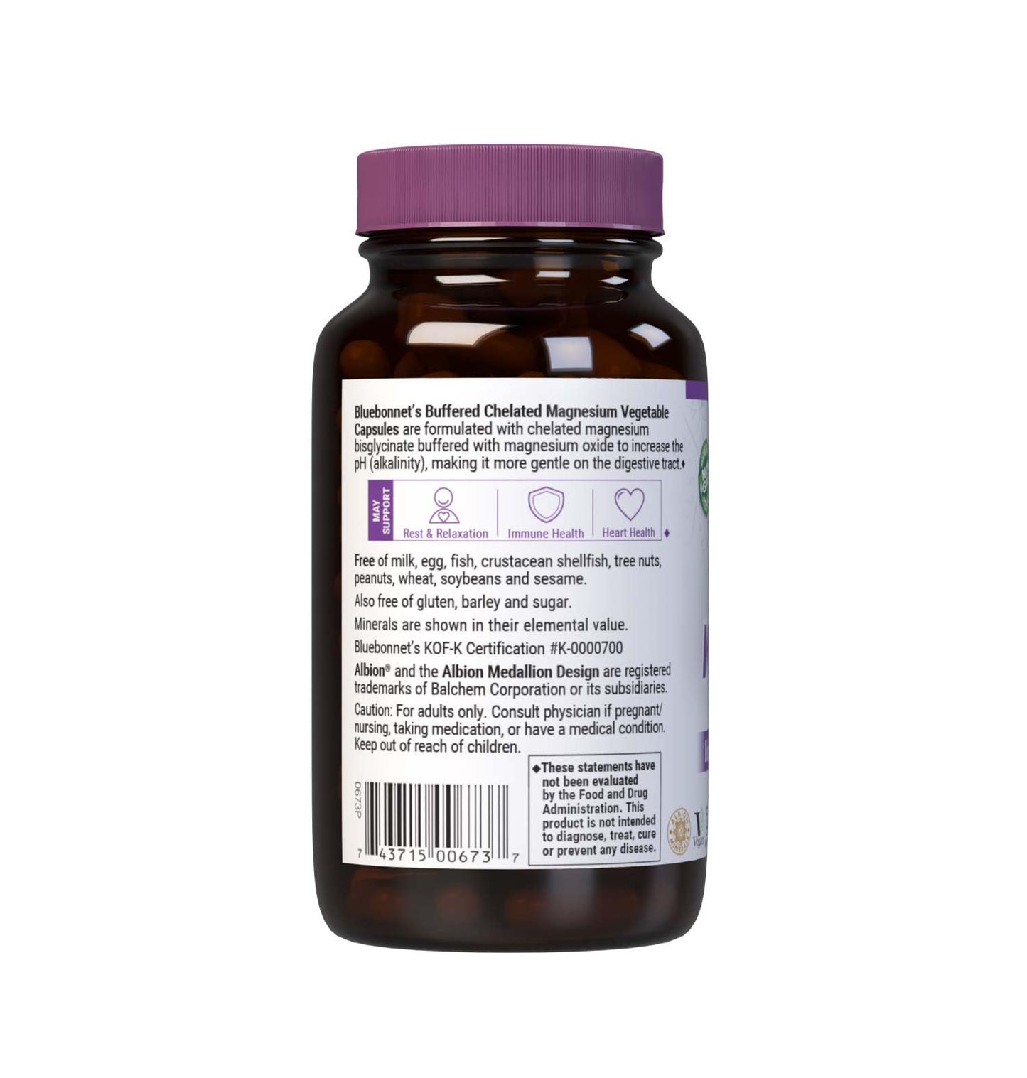Bluebonnet Nutrition Albion Chelated Magnesium Vegetable Capsule, 200 mg, Stress Relief, Vegan, Non GMO, Gluten Free, Soy Free, Milk Free, Kosher, 120 Vegetable Capsule, 2 Month Supply